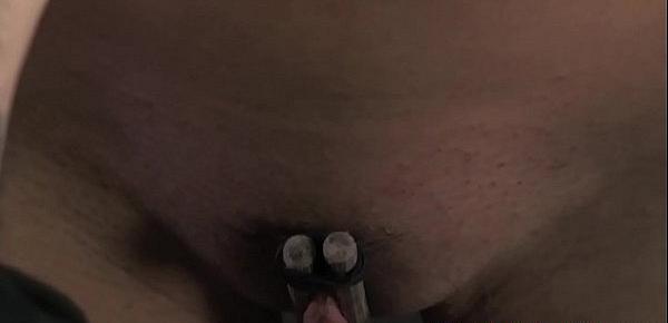  BDSM sub Mia Gold pussy lips clamped